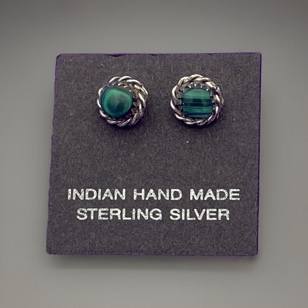 Navajo Earrings 925 Silver Handmade Natural Green Malachite Native American